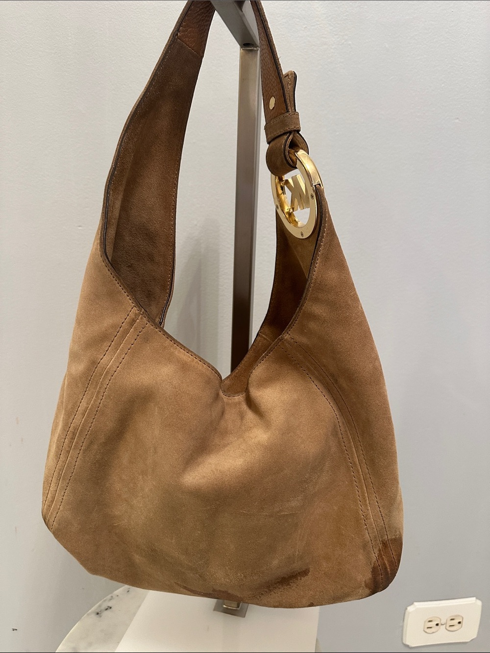 Michael Kors Brown Suede Hobo with Gold-Tone Logo Ring